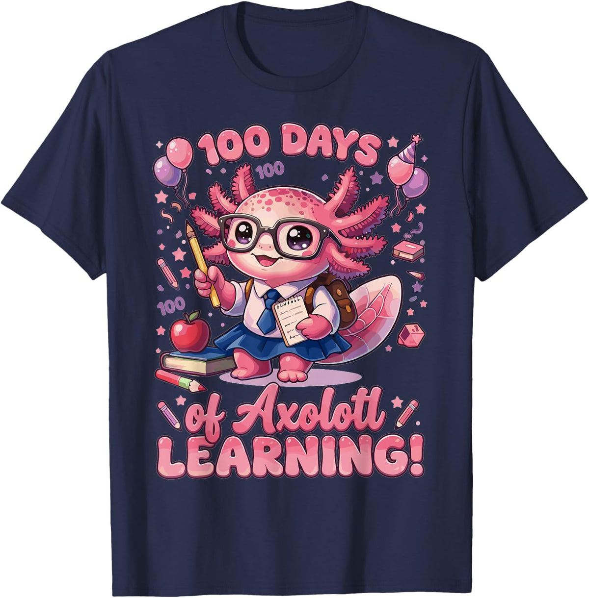 100 Days of Axolotl Learning Cute School T-Shirt - Navy Blue