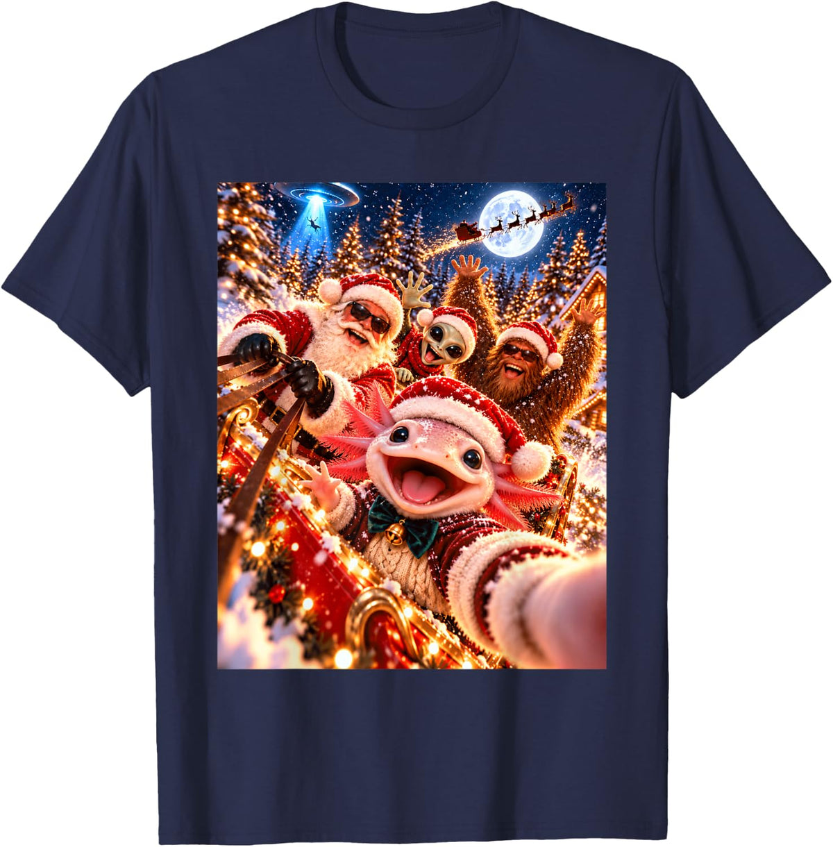 Excited Axolotl Santa Christmas Selfie UFO Graphic T-Shirt - Navy Blue