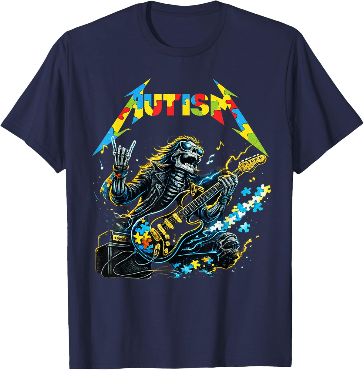 Autism Awareness Skeleton Guitar Player Rock Music Tee T-Shirt - Navy Blue