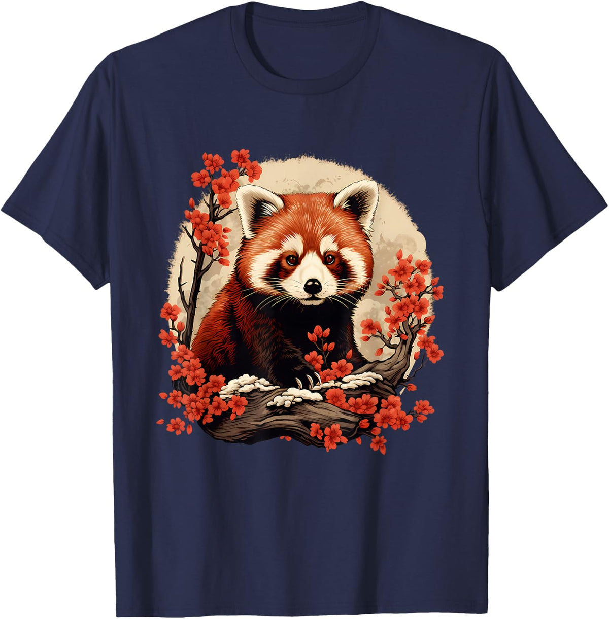 Red Panda Colorful Floral Artwork Nature Forest Animal Art T-Shirt - Navy Blue