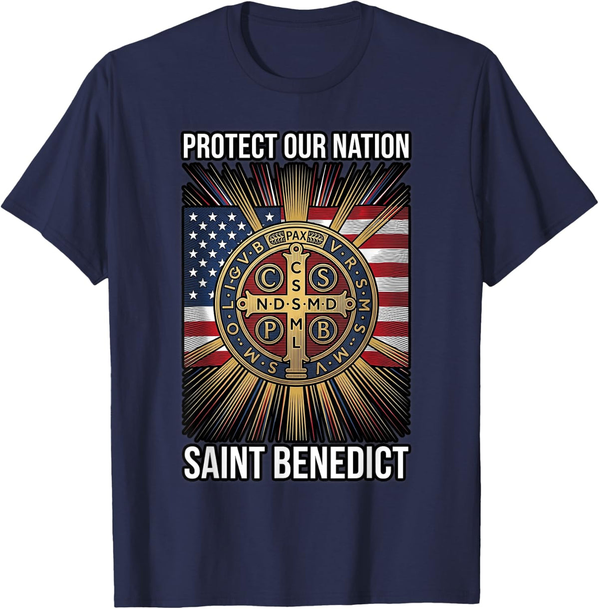 Saint Benedict Medal Medal On Flag Catholic T-Shirt - Navy Blue