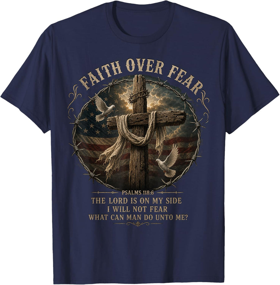 Faith Over Fear Graphic with Cross and Doves T-Shirt - Navy Blue