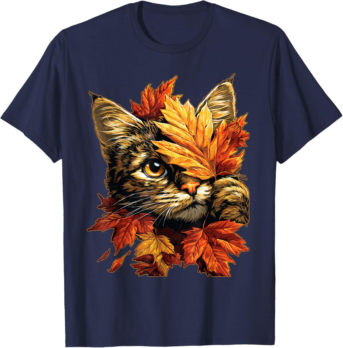 Fall Tabby Cat with Maple Leaves Autumn Kitten and Foliage T-Shirt - Navy Blue