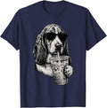 Funny Basset Hound Drinking Iced Coffee Humor T-Shirt - Navy Blue
