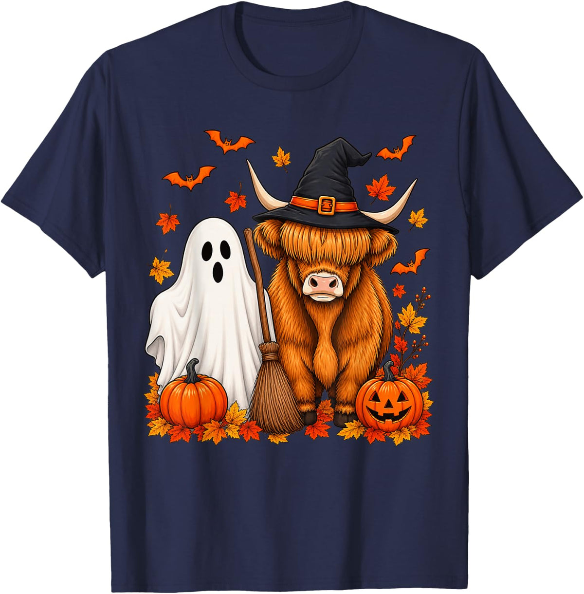 Highland Cow Halloween Ghost Cow Fall T-Shirt - Navy Blue