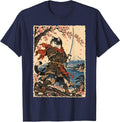Tuxedo Samurai Cat Katana Japanese Warrior Art T-Shirt - Navy Blue