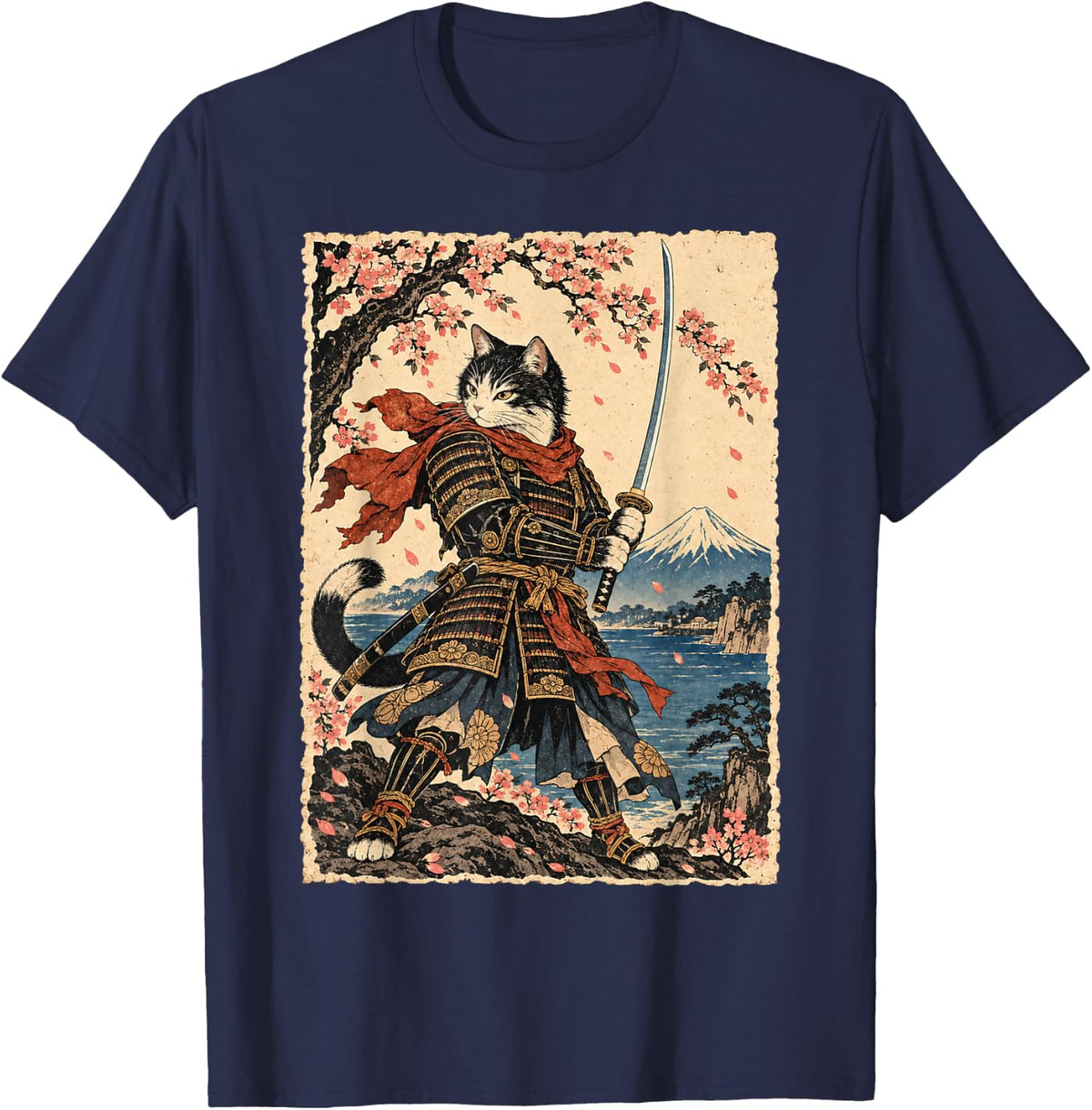 Tuxedo Samurai Cat Katana Japanese Warrior Art T-Shirt - Navy Blue