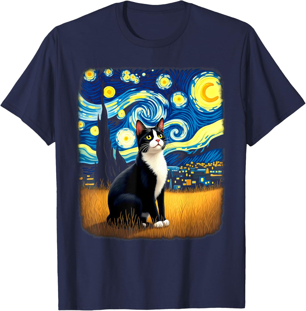 Retro Tuxedo Cat Starry Night T-Shirt - Navy Blue