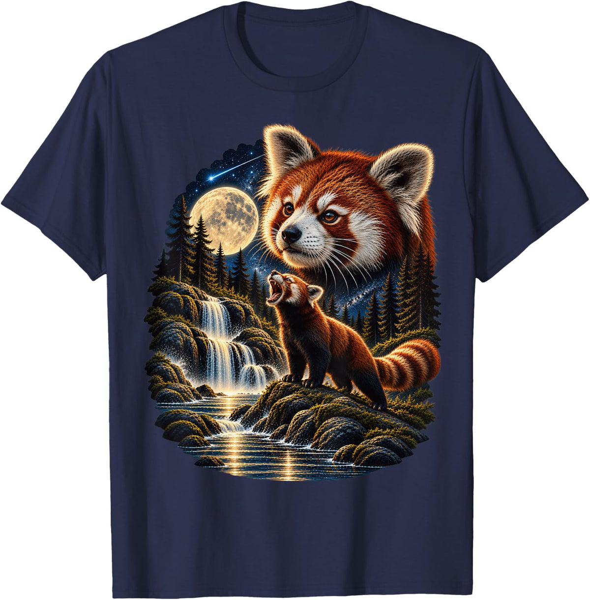 Red Panda Howling at Moon Vintage Wildlife Waterfall Nature T-Shirt - Navy Blue