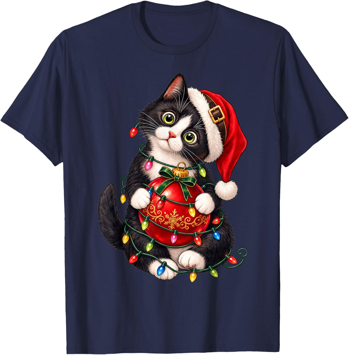 Cute White Black Tuxedo Tuxie Kitten Christmas Cat Mom Xmas T-Shirt - Navy Blue