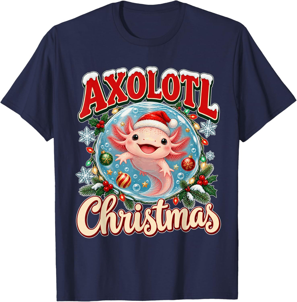 Axolotl Santa Hat Bubble Lights Lovers Christmas T-Shirt - Navy Blue