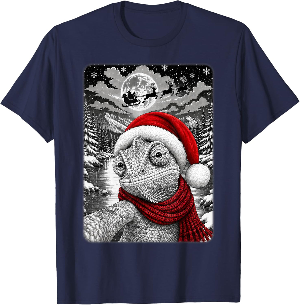 Chameleon Christmas Selfie Full Moon Night Starry Sky Xmas T-Shirt - Navy Blue