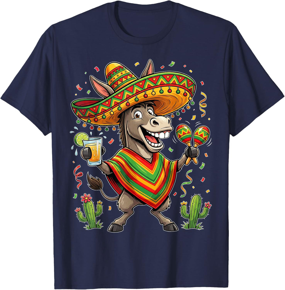 Funny Cinco De Mayo Donkey Mexican Sombrero Fiesta Party Tees T-Shirt - Navy Blue