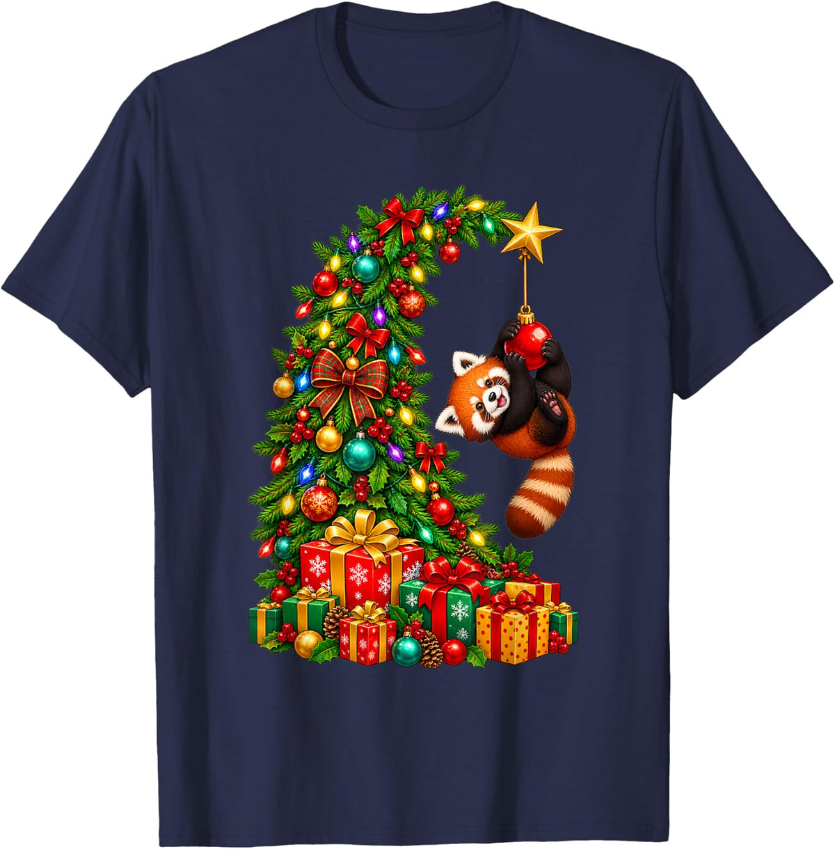 Funny Red Panda Hanging Christmas Tree Ornament T-Shirt - Navy Blue