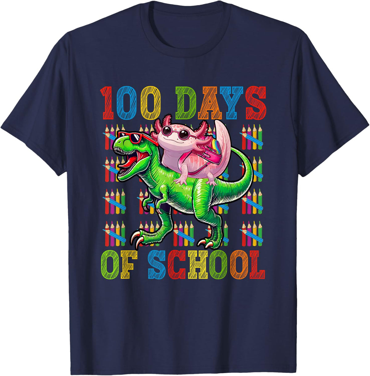 100 Days Of School Colorful Axolotl T-Rex Students Teacher T-Shirt - Navy Blue