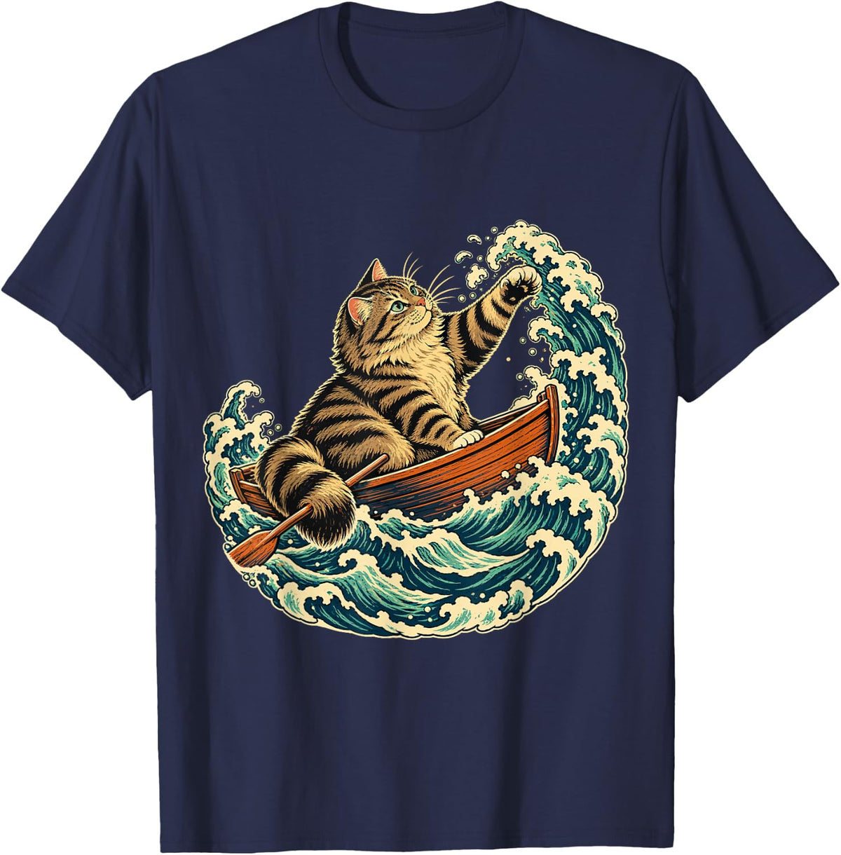 Tabby Cat in the Wave Boat Lover Humor T-Shirt - Navy Blue