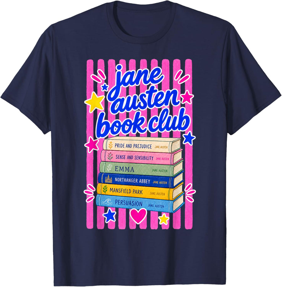 Jane Austen Book Club Classic Literature Reader Design T-Shirt - Navy Blue