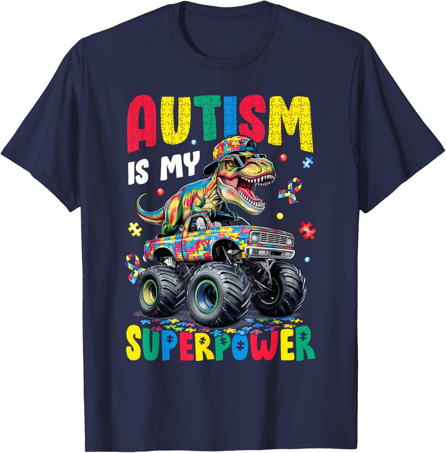 Autism Is My Superpower Autism Dinosaur Monster Truck Boy T-Shirt - Navy Blue