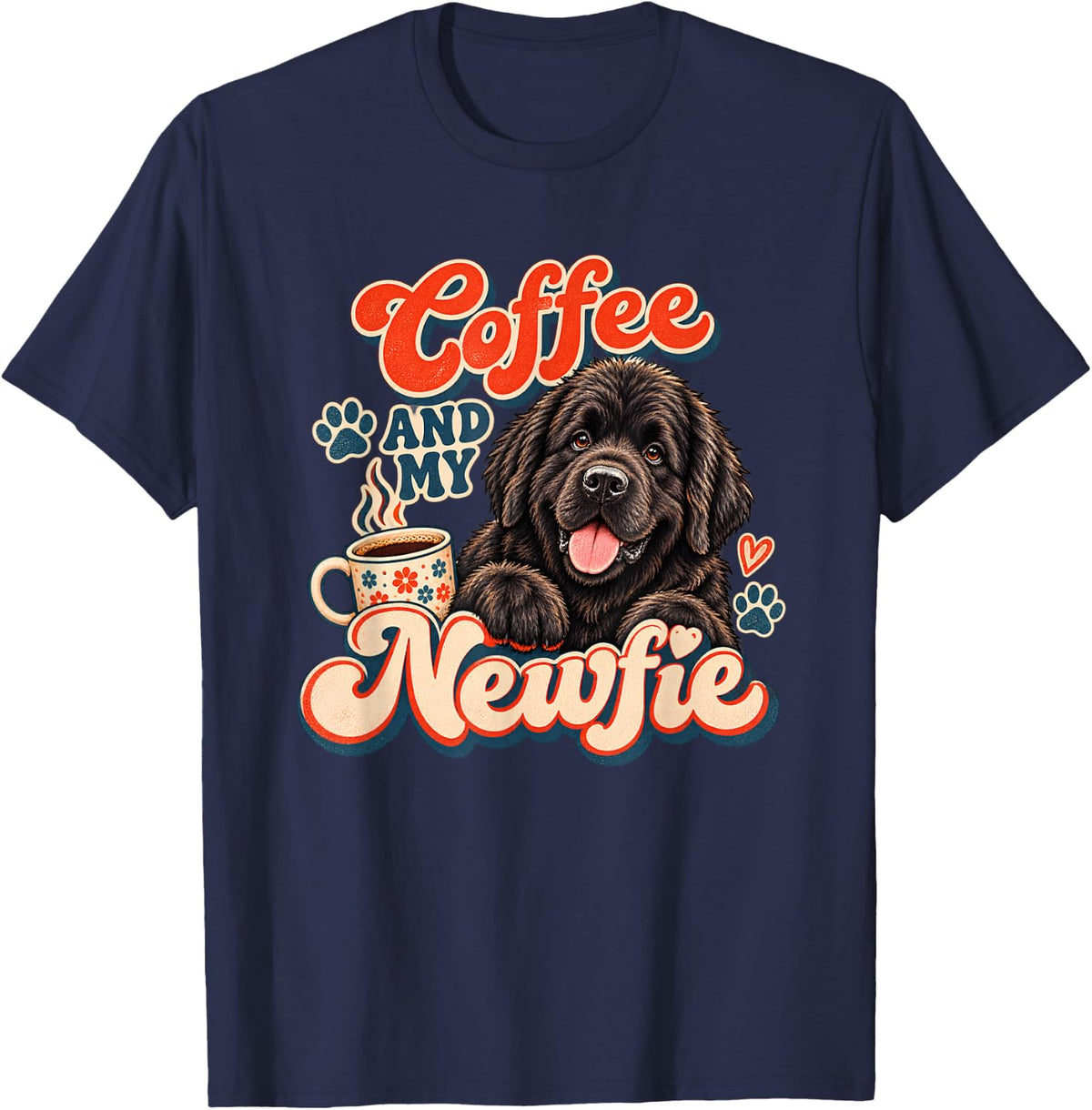 Coffee and My Newfie Newfoundland Dog Mama Dad Hearts T-Shirt - Navy Blue