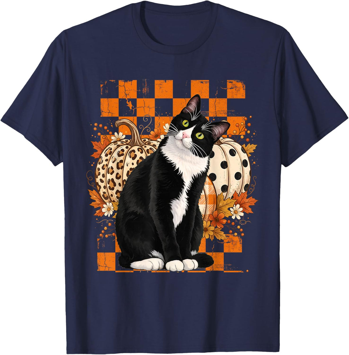 Tuxedo Cat Autum Fall Halloween Pumpkins Flowers Checkerbrd T-Shirt - Navy Blue