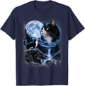 Tuxedo Cat Howling At Moon 90's Retro Cat Lover T-Shirt - Navy Blue