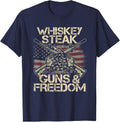 Guns Whiskey Steak Freedom Shirt USA Flag Fathers Day Gift T-Shirt for Women Men - Navy Blue