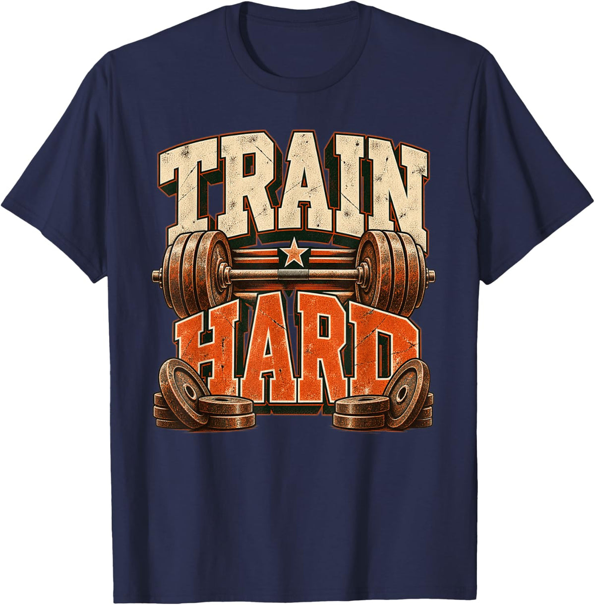 Train Hard Vintage Gym Strength Weightlifting T-Shirt - Navy Blue