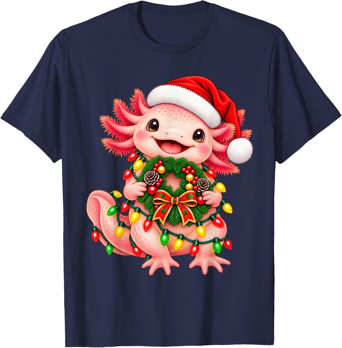 Funny Axolotl Christmas Wreath Decoration Xmas Pajamas T-Shirt - Navy Blue