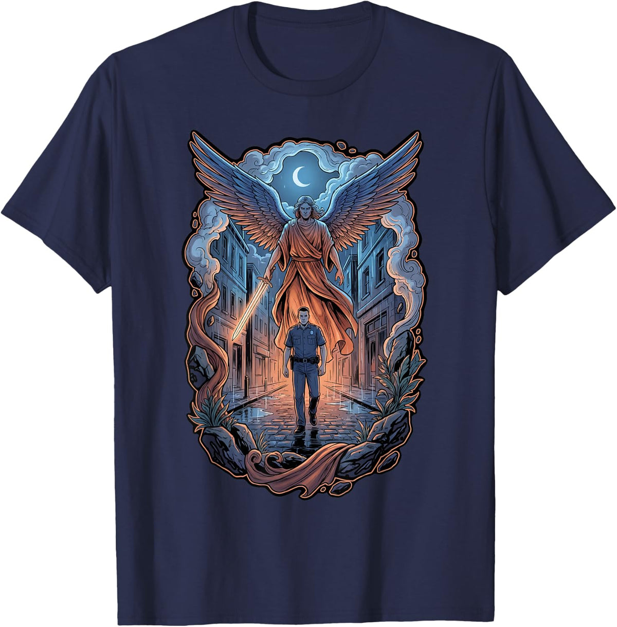 Archangel Guarding Police Officer on Rainy Street Catholic T-Shirt - Navy Blue