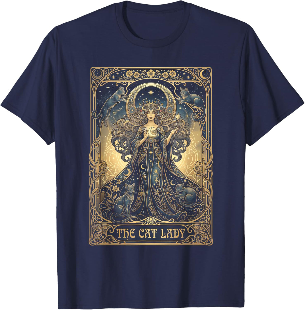 The Cat Lady – Witchy Gothic Tarot Cat Mom & Witch Cat T-Shirt - Navy Blue