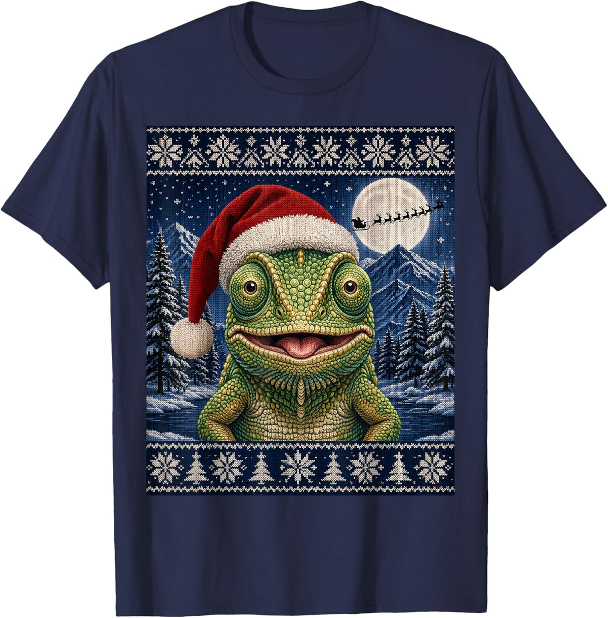 Cute Chameleon Santa Ugly Christmas T-Shirt - Navy Blue