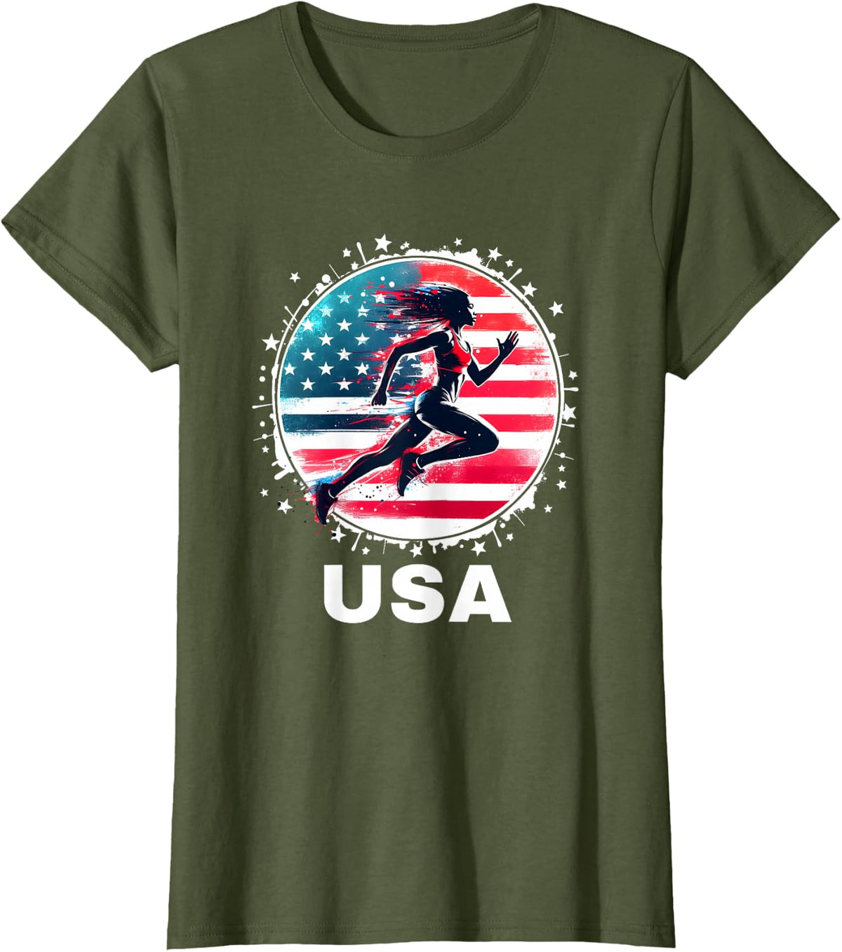 Track & Field USA United States Women USA Run Track & Field T-Shirt - Olive Green