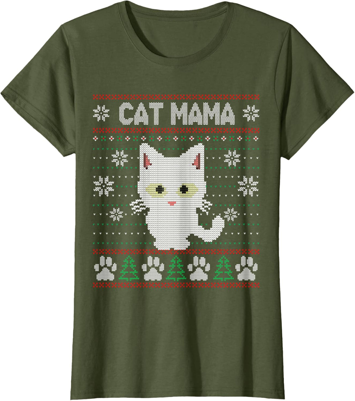 Cat Mama Ugly Christmas Sweater Pajama Kitty Mom Mother Xmas T-Shirt - Olive Green