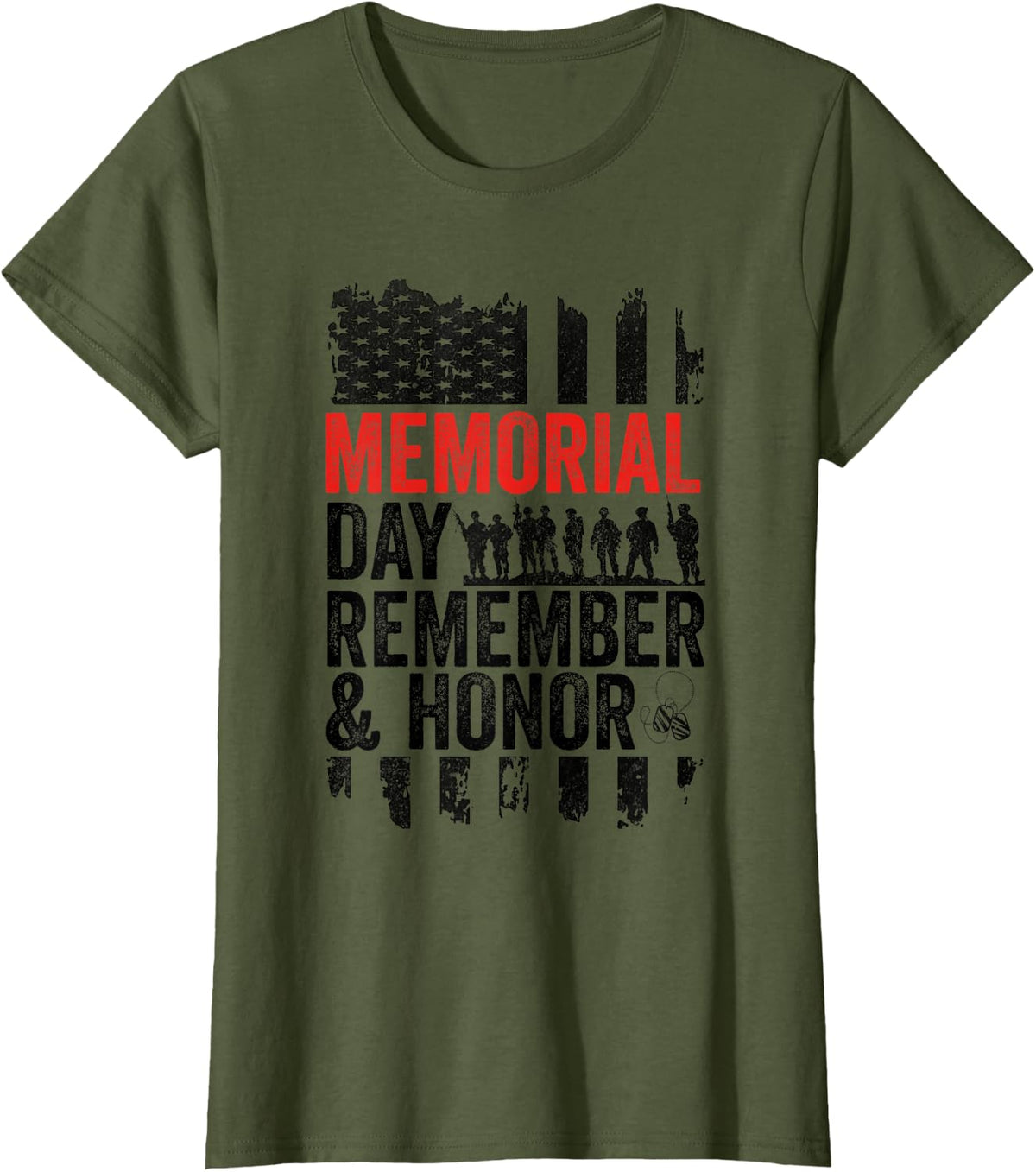 Memorial Day Remember & Honor, Patriotic USA Flag Veterans T-Shirt - Olive Green