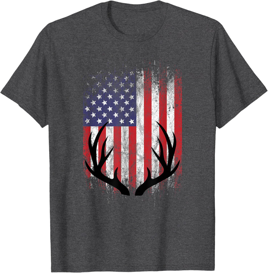 Deer Hunting American Flag Whitetail Buck Antlers Short Sleeve T-Shirt - Dark Heather Grey