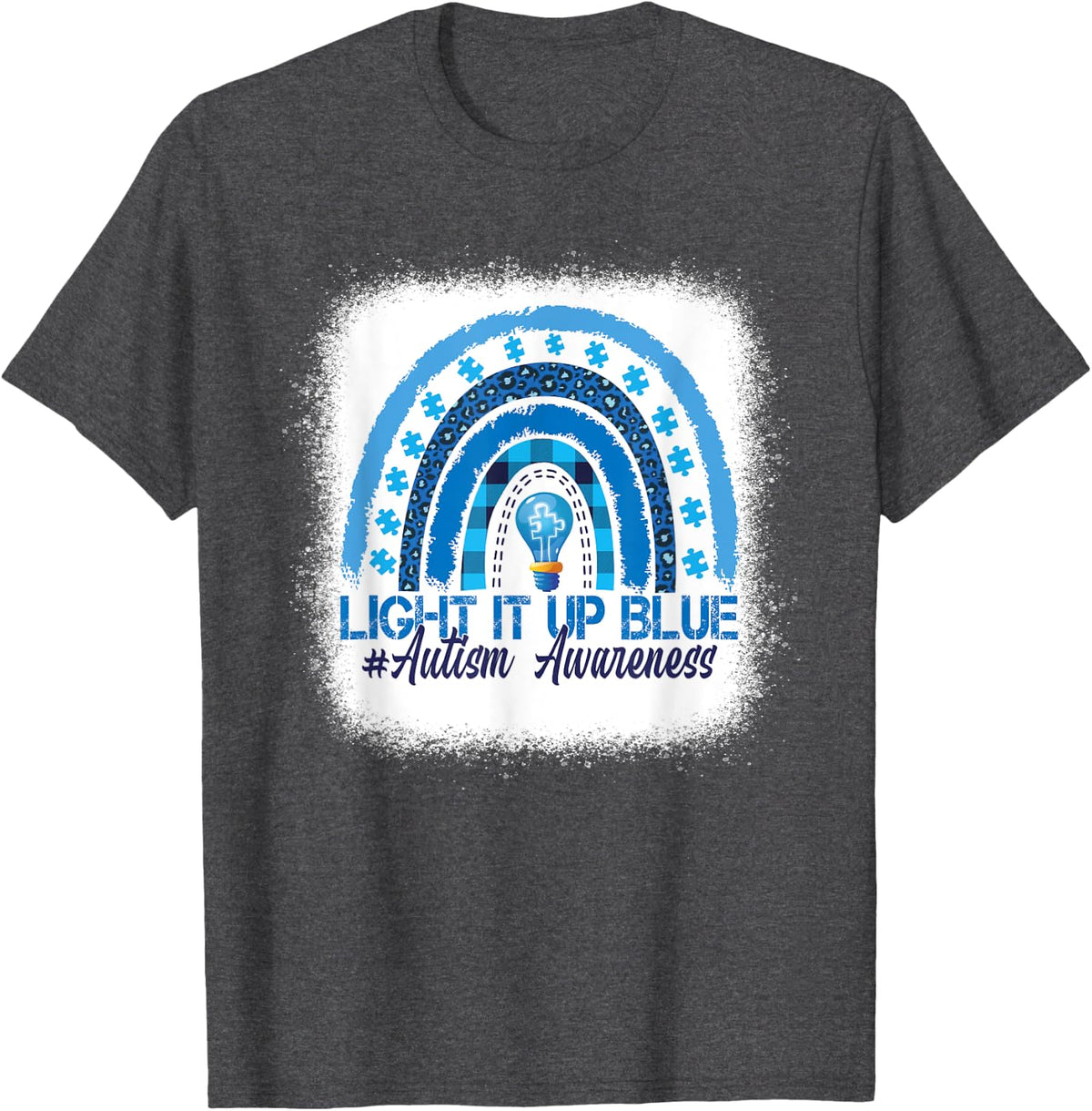 Light It Up Blue Rainbow Bleached Autism Awareness T-Shirt - Dark Heather Grey