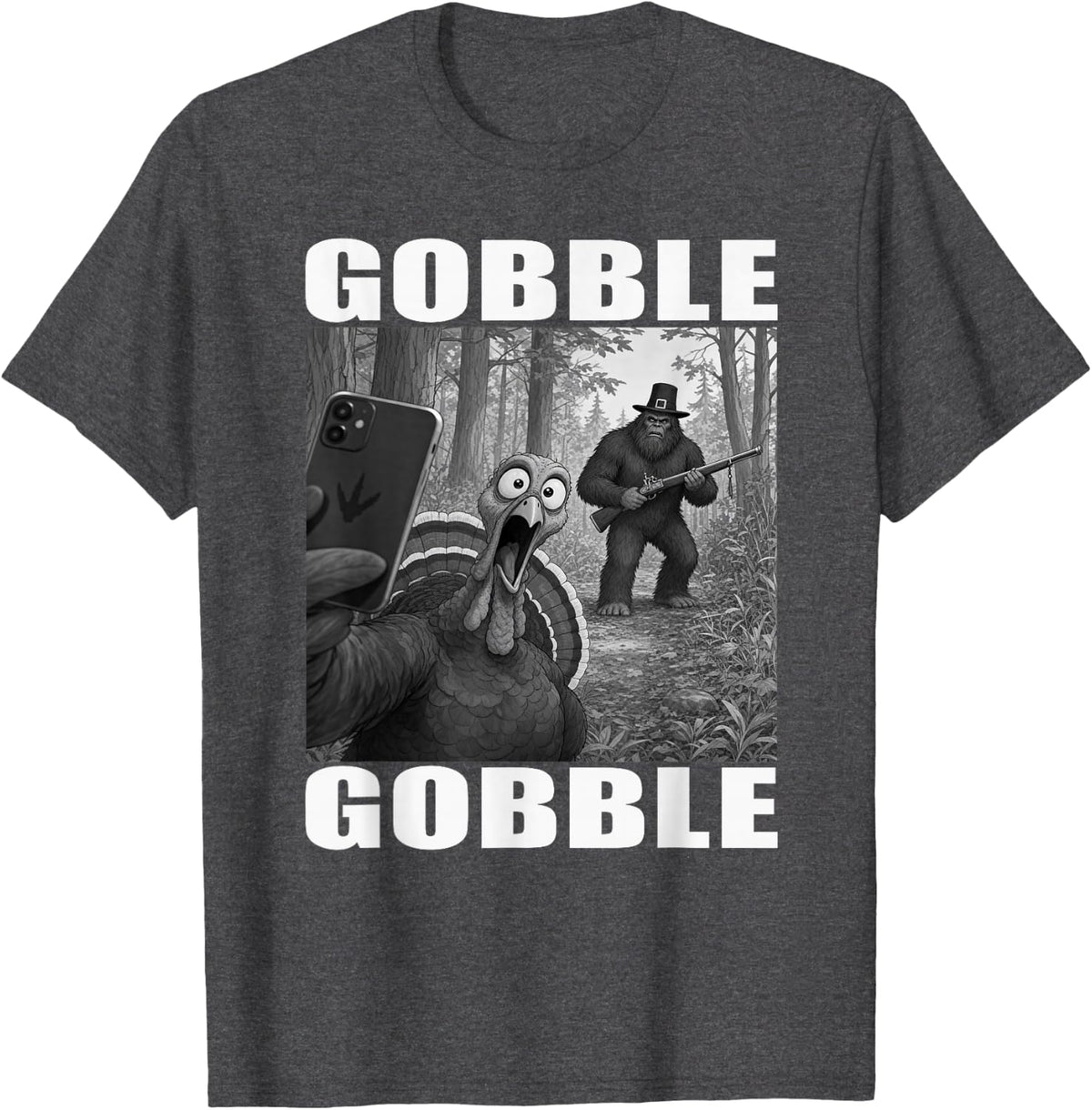 Gobble Gobble Funny Turkey Selfie Novelty Funny Thanksgiving T-Shirt - Dark Heather Grey