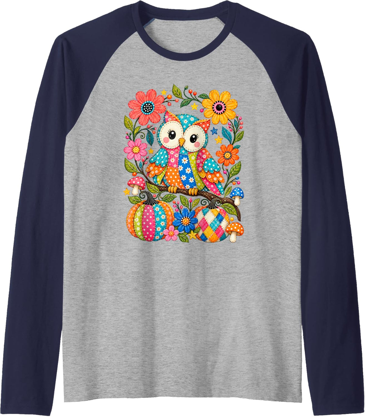 Ghost Halloween Funny Whimsical Folk Art Sweatshirt Owl Raglan Baseball Tee - Navy Blue\/Athletic Heather