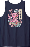 Axolotl Eating Sushi (On Back) Sleeveless Tank Top - Navy Blue