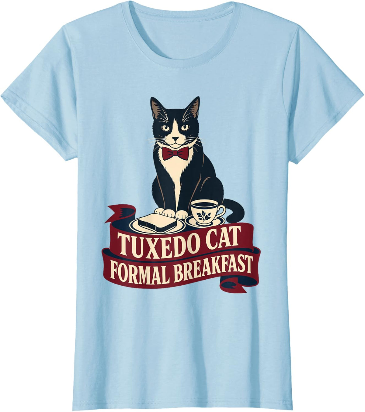 Tuxedo Cat Formal Breakfast Bow Tie Toast T-Shirt - Baby Blue