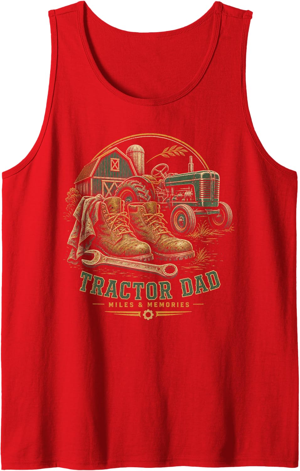Men's Tractor Dad Miles and Memories Father Farm Sleeveless Tank Top - Red