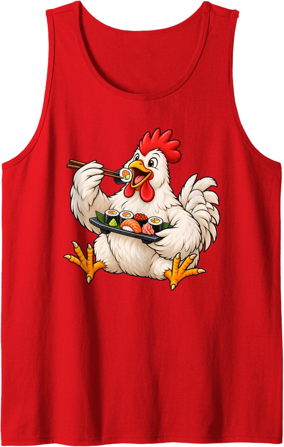 Chicken Eating Sushi Sleeveless Tank Top - Red