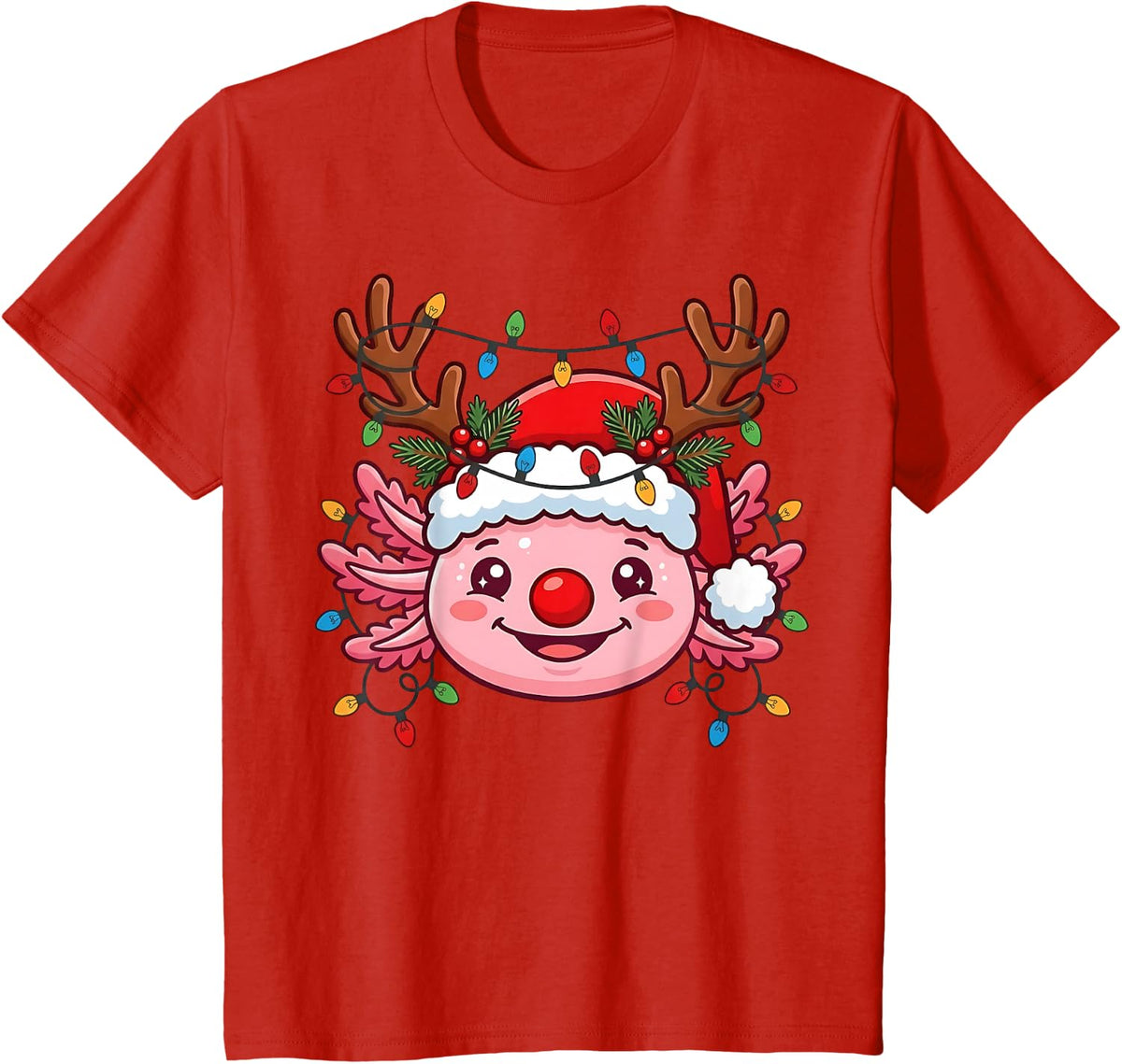Cute Axolotl Reindeer Antler Xmas T-Shirt - Red