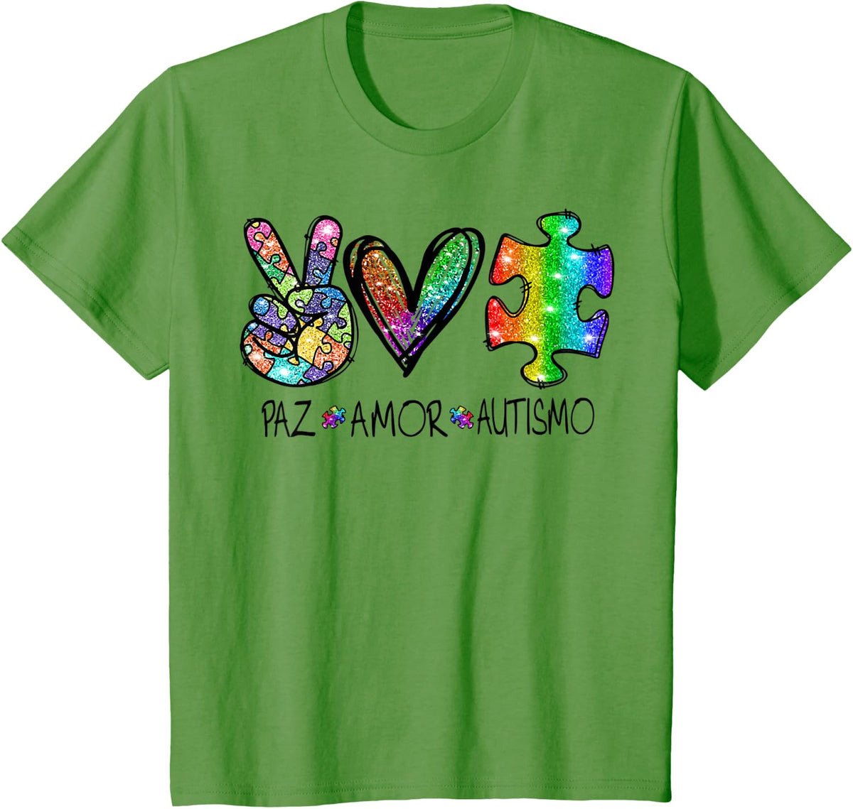 Autism Peace Love Rainbow Glitter Autistic Pride T-Shirt - Grass Green