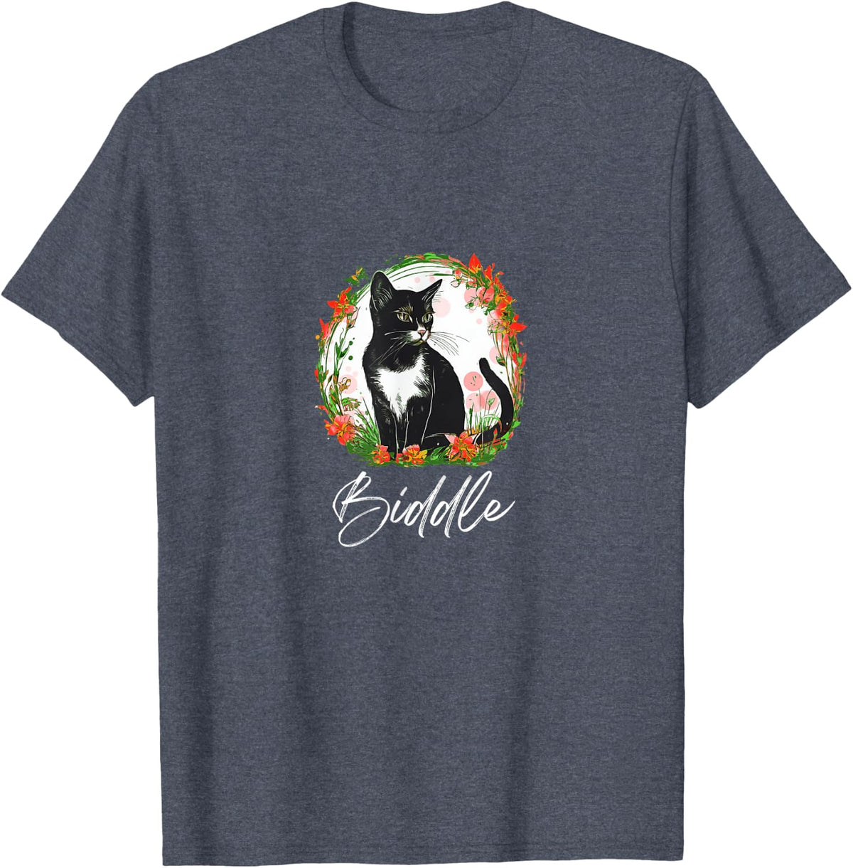 Tuxedo Cat Named Biddle T-Shirt - Heather Blue