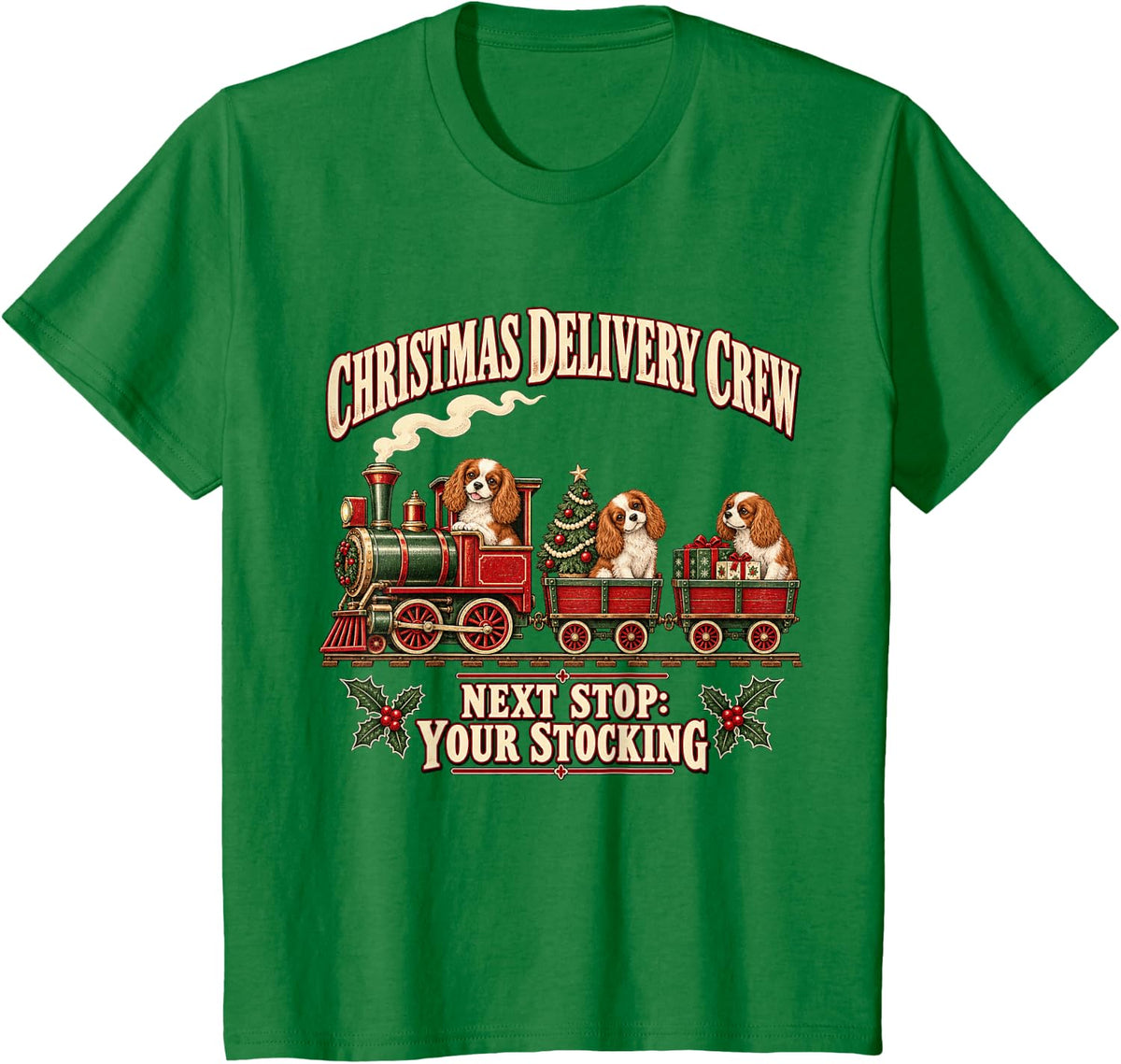 Cavalier King Charles Spaniel Dog Christmas Tree Railroad T-Shirt - Kelly Green