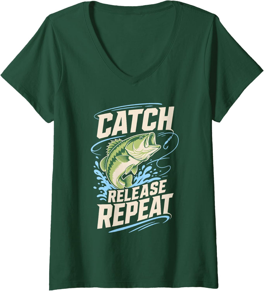 Women's Catch Release Repeat Fishing Bass Fisherman V-Neck T-Shirt - Dark Green
