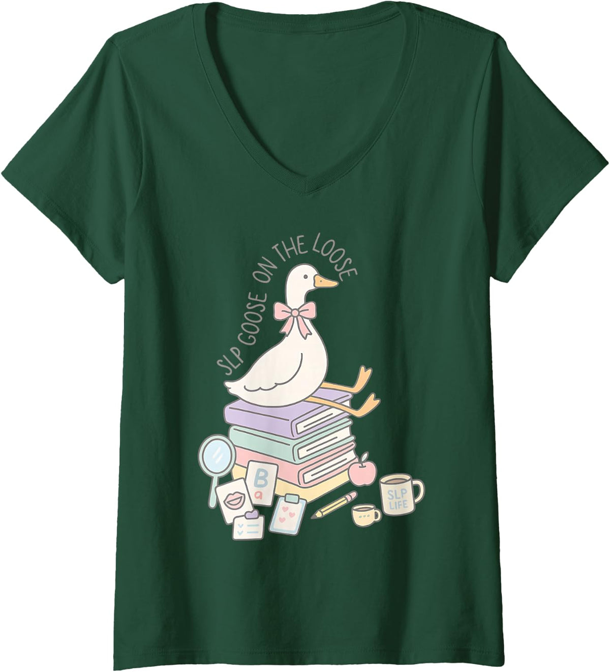 Women's Retro Book SLP Goose On The Loose Speech Language Pathology V-Neck T-Shirt - Dark Green
