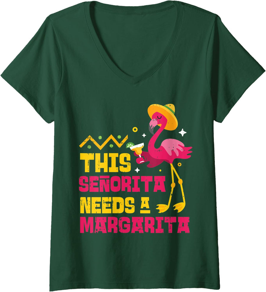 Womens Flamingo Senorita Margarita Funny Mexican Cinco De Mayo 2020 V-Neck T-Shirt - Dark Green