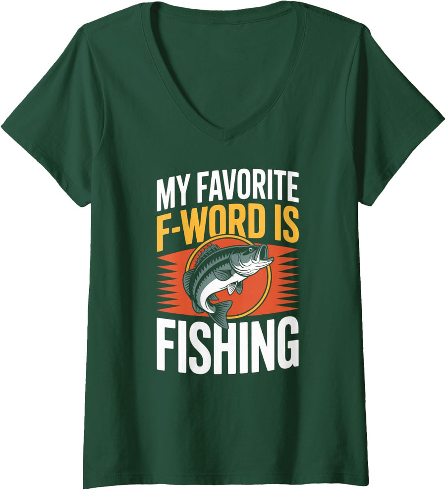 Women's My Favorite F Word is Fishing Bass Angler V-Neck T-Shirt - Dark Green